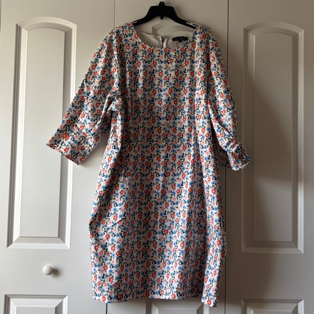 Eloquii White Floral Midi Dress with Blue and Coral Accents